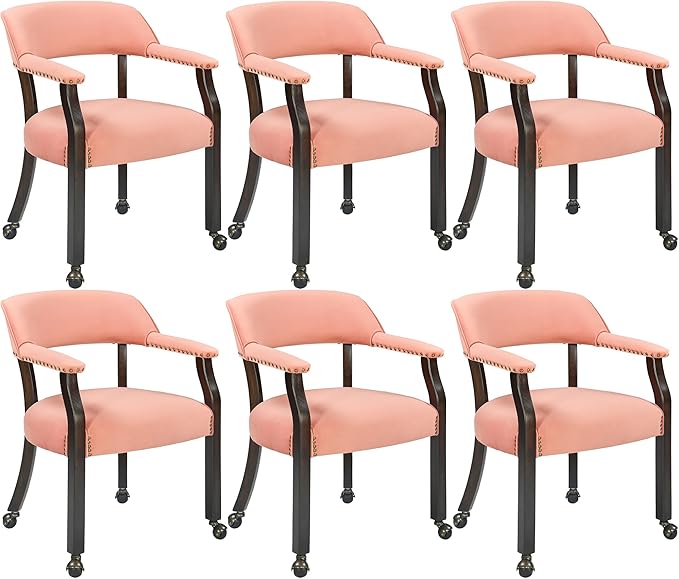MODERION Dinning Chairs with Wheels and Arms Set of 6, Solid Wood Office Desk Chairs with Frosted Velvet Upholstered, Classic Swivel Accent Chairs,31.5" H Boss Caption's Chair, Pink XXY-HT22-PI