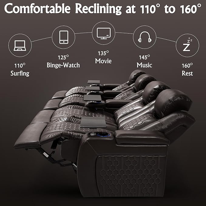 Home Theater Seating, Living Room, Powered Headrest, Powered Lumbar, Italian Leather, Powered Recline, Single Recliner (Coffee Color, Row of 4 Loveseat Right)