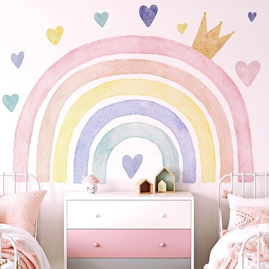 Large Watercolor Rainbow Wall Decals, Boho Queen Peel and Stick Fabric Nursery Wall Decor, Removable Home Room Wall Decor Murals Stickers for Kids Girls Toddler Bedroom Living Room Playroom