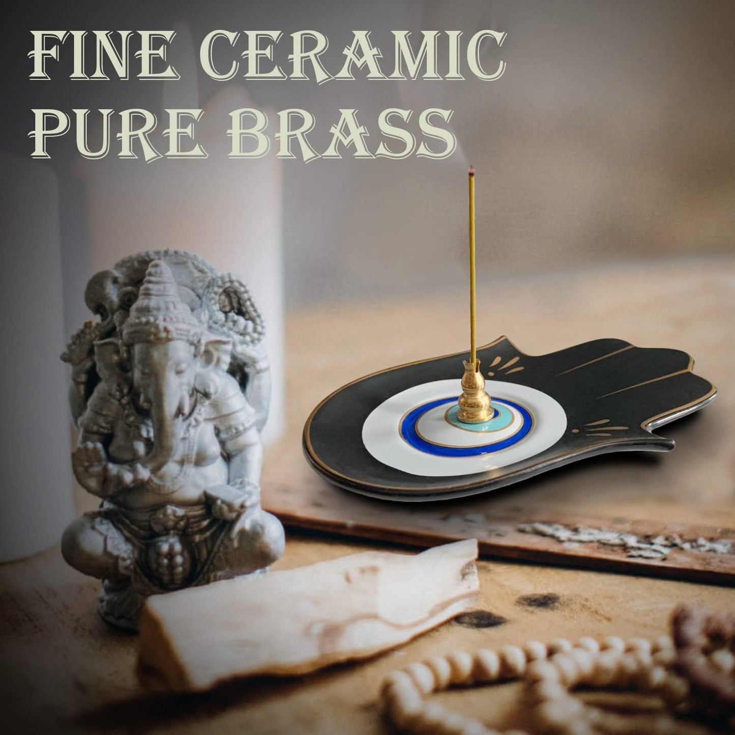 Ceramic Hamsa Hand Incense Holder - 2 in 1 Brass Incense Holder for Sticks and Coil Incense- Zen Decor with Hand of Fatima Design Protection from Evil - 6.2" L X 4.5" W (Blackeye)