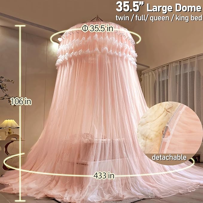 Kertnic Dreamy Bed Canopy for Girls, Princess Canopy Curtains Double Layer Sheer Mesh, Kids & Adults Canopies Netting Room Decor Tent Mosquito Net for Queen King Bed (Double Layer-Beige Pink)