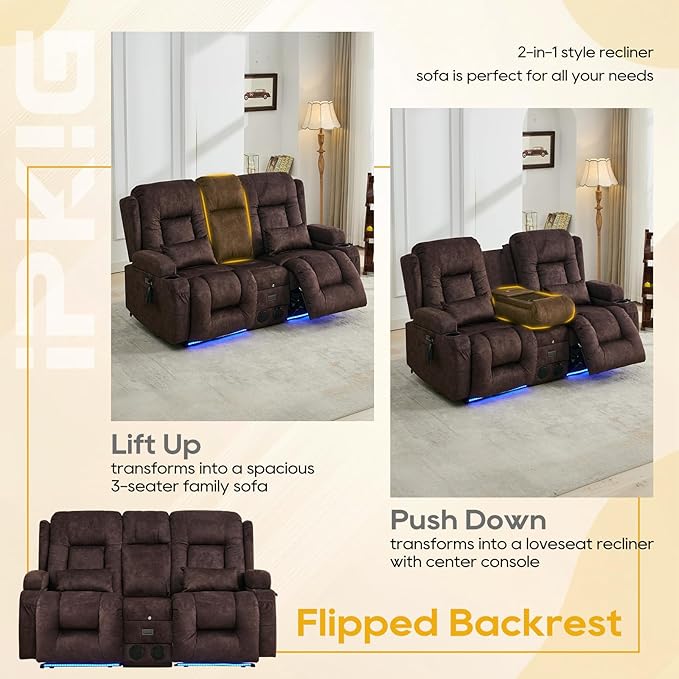IPKIG 67" Power Reclining Loveseat Sofa, Electric Home Theater Seating with Console/4 Colors Ambient Lighting/Bluetooth Speakers/USB Ports/Built-in Outlets (Velvet-Brown, Loveseat Recliner)
