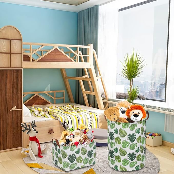 Round Green Laundry Hamper, Jungle Themed Nursery Decor, Tropical Pattern Basket, Monstera Room Decor,Waterproof Storage Bin, Gift Basket(Leaf)