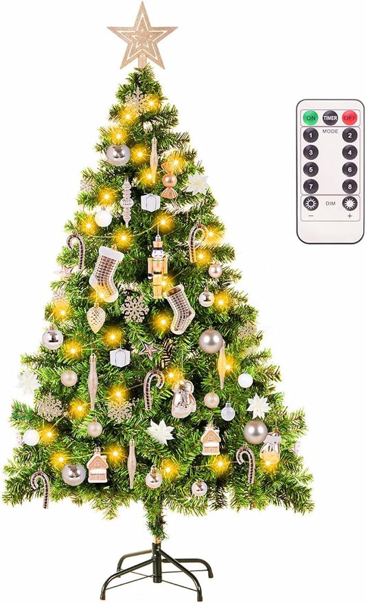 6ft Artificial Christmas Tree with Lights and Ornaments, Prelit Xmas Tree with Hanging Balls (8 Modes) for Home Holiday Decoration, Champagne+White
