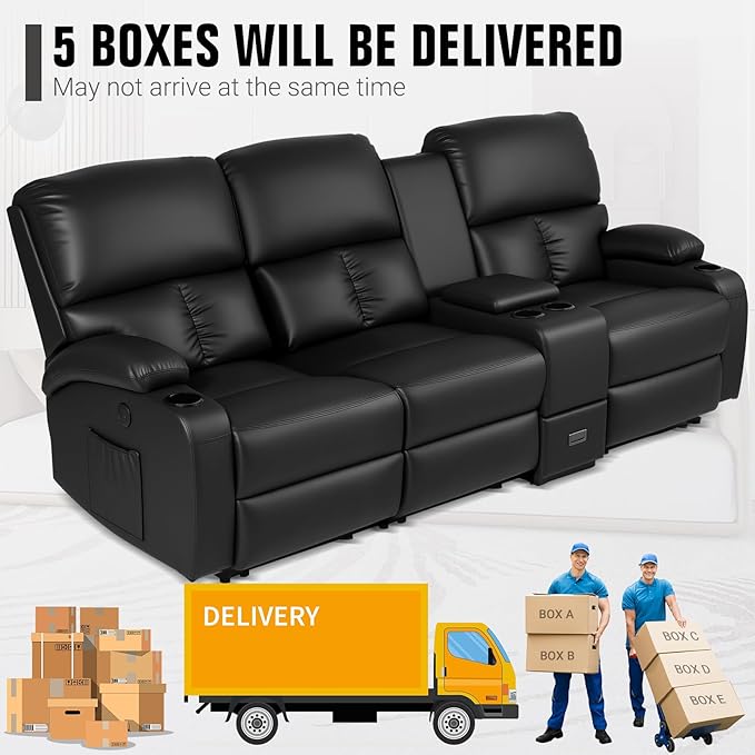 Home Theater Seating,RV Recliner Sofa with Massage and Heat,Manual RV Recliner Loveseat with USB/Cup Holders and Side Pocket for Living Room,3 Loveseat Black