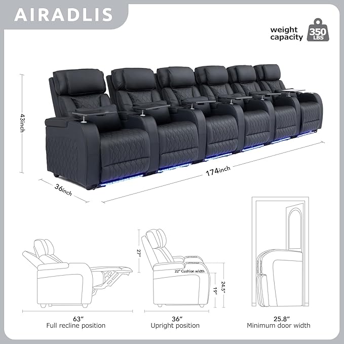 Home Theater Seating Top Grain Leather, Movie Theater Chairs Theater Recliner Sofa with Dual Power Ergonomic Design 7 Colors Ambient Lighting Tray Table Type-C USB Charge (Black, Row of 6)