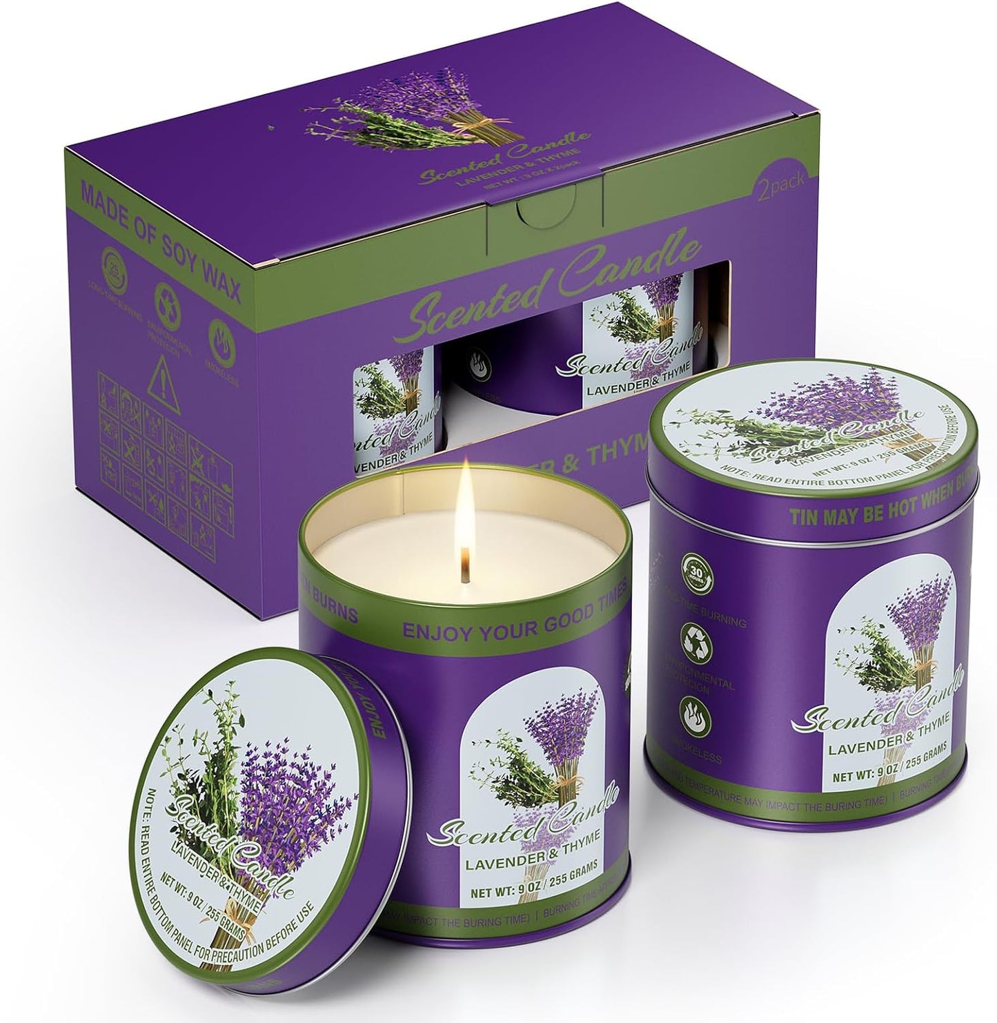 Lavender&Thyme Scented Candle Set | 2Pack 510g 8% Essential Oil, 80H Burn Time | Smokeless Clean-Burning Soy Wax Tin Jar Aromatherapy Candle for Relaxation & Sleep Aid | Candle Gift Set Women&Men