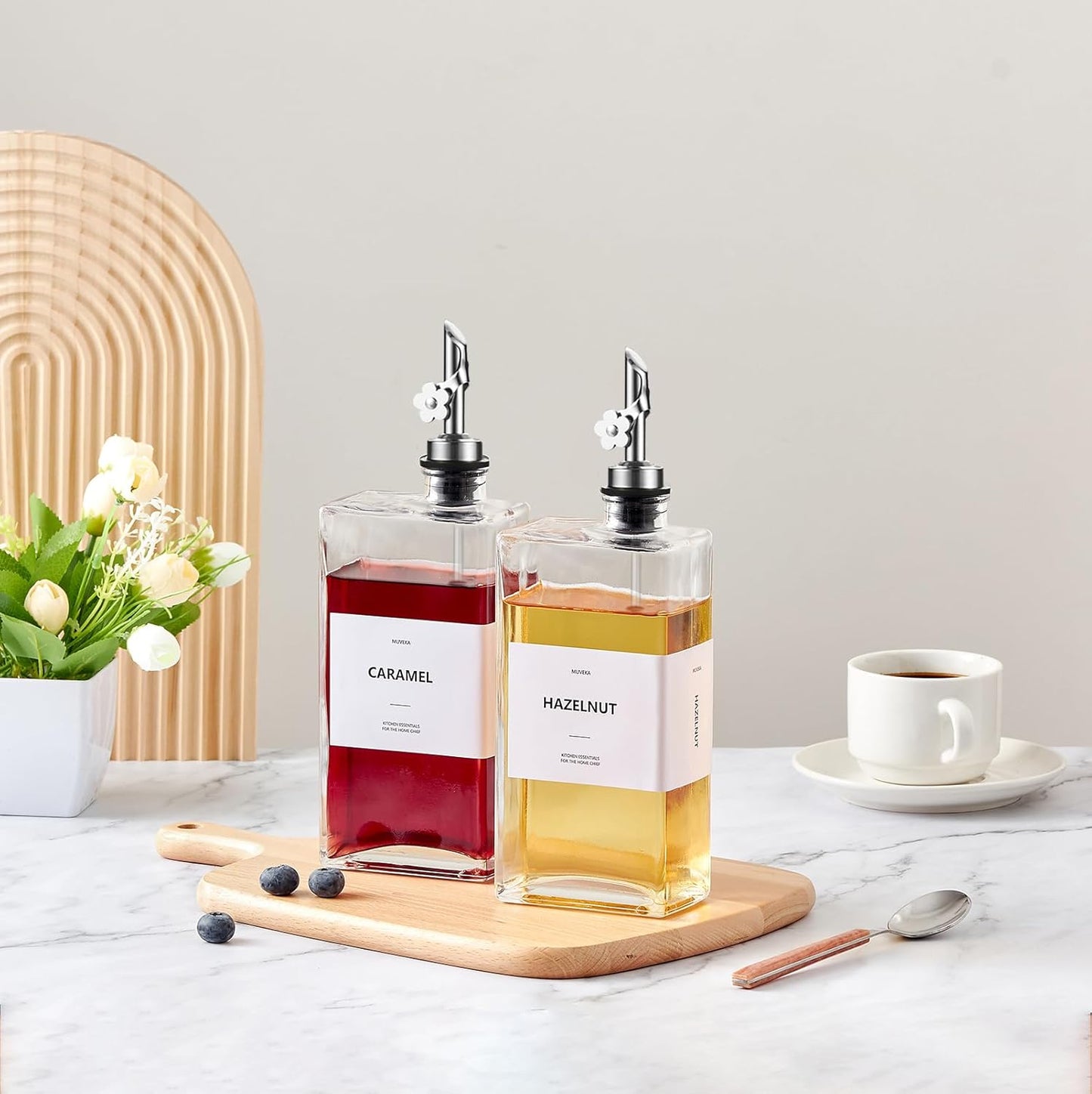 Olive Oil Dispenser Bottle for Kitchen, 16.9 oz/ 500 ml Vinegar Dispenser, Cooking Oil Dispenser Set, Glass Cruet with Pourer Spouts for Vinegar, Coffee Syrup Dispenser