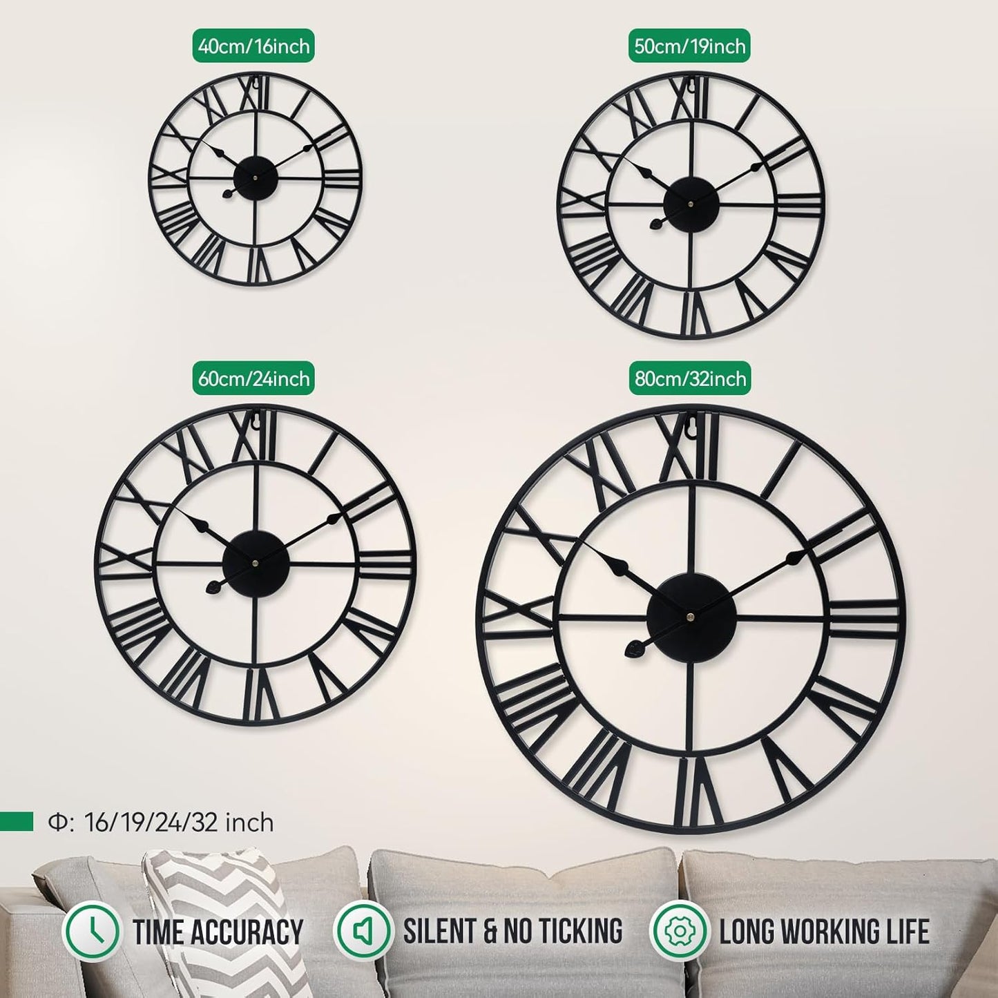 Large Wall Clock 16 Inch Black Roman Numerals Metal Clock Battery Operated Silent Non-Ticking Decor Clock Modern Round Oversize Wall Clocks for Home, Hotel, Office, Bedroom (Black, 16inch)