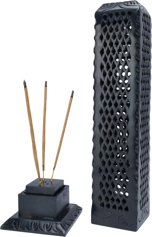 Crocon Handmade Black Marble Incense Stick Tower Burner Square Shape Jali Design Incense Burner Tea Light Candle Holder Living Room Decor Kitchen Home Fragrance Decorative Gift Size 2.7X2.7X11 Inch
