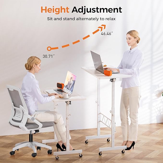 COMHOMA Small Standing Desk Adjustable Height & Tiltable Tabletop, Mobile Stand Up Desk for Laptop, Portable Computer Table for Home Office Work and Walking Pad Treadmill, Height 30.7"-46.4", White