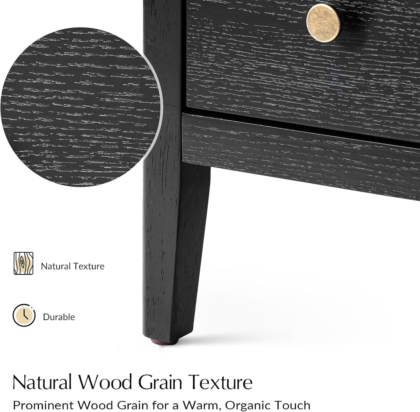 HULALA HOME Nightstands Set of 2 with Charging Station, Modern 2 Drawer Night Stands with Solid Wood Frame, Large Wood Bedside Tables with Open Storage Space, Charcoal