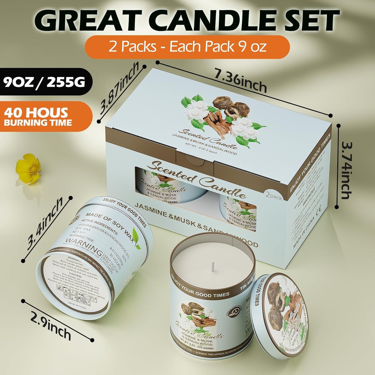 Luxury Jasmine&Musk&Sandalwood Scented Candles Set | 2 Pack,510g,8% Essential Oils,80H Burun | Clean Burning Smokeless Soy Wax for Aromatherapy, Meditation, Yoga | Relaxation Gift for Women & Men