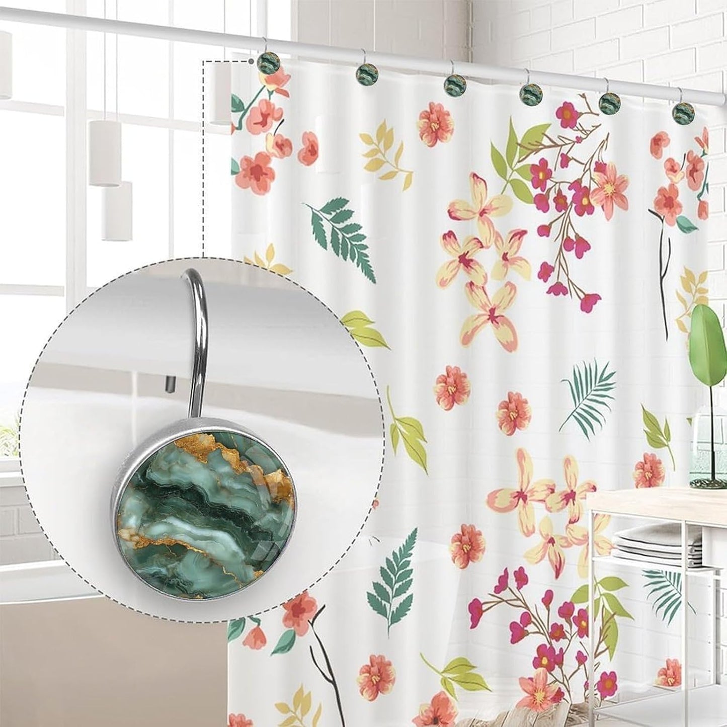 Marbling Shower Curtain Hooks,12 Pcs Rust Proof Glass Surface Stainless Steel Curtain Rings for Bathroom Bedroom Living Room Kitchen Home Shower Rods Decor