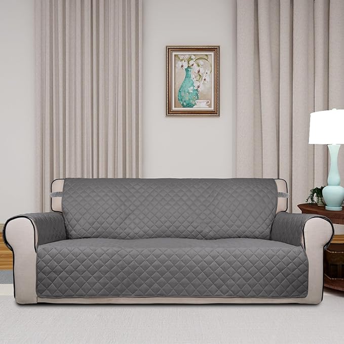 PureFit Reversible Quilted Sofa Cover, Water Resistant Slipcover Furniture Protector, Washable Couch Cover with Non Slip and Elastic Straps for Kids, Dogs, Pets (Oversized Sofa, Gray/Ivory)