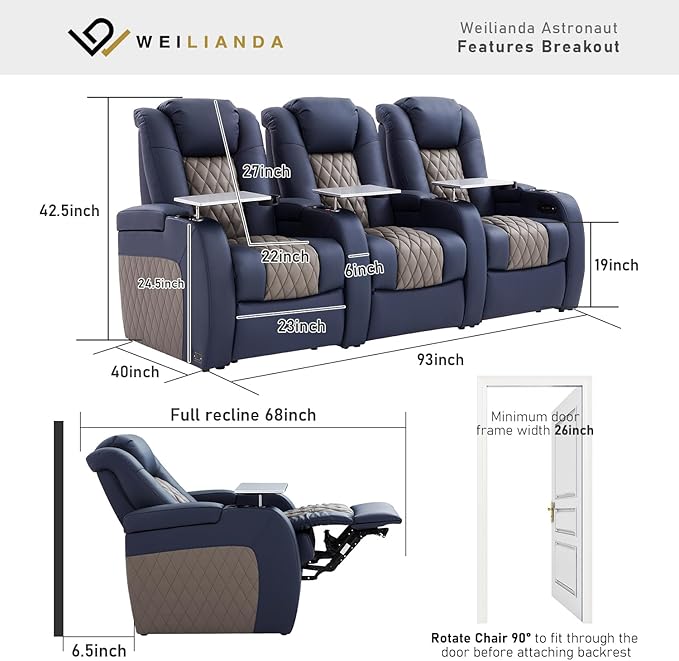 Home Theater Seating, Top Grain Leather Movie Seats Recliner Chair, Zero Gravity Reclining Gaming Sofa with Power Headrest 7 Colors Ambient Lighting 3 Seats Blue Grey