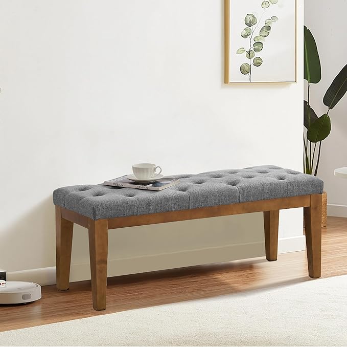 HUIMO Bedroom Bench End of Bed, Upholstered Dining Bench for Kitchen, Button-Tufted Entry Bench, Fabric Ottoman Bench for Living Room, Entryway,Grey, BEN2-4