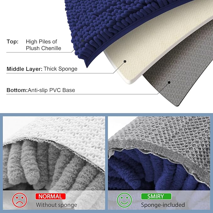 Smiry Luxury Chenille Bathroom Rugs 30x20, Extra Soft and Absorbent Shaggy Bath Mat, Machine Washable, Non-Slip Plush Carpet Runner for Tub, Shower, and Floor, Home Decor Accessories, Deep Blue