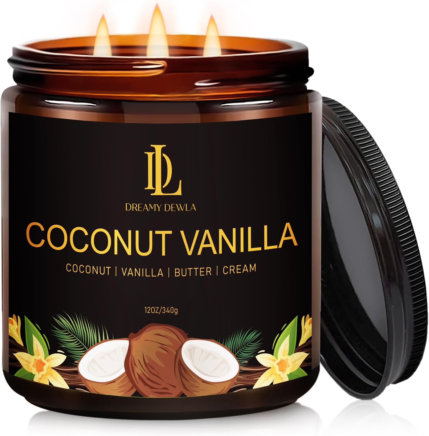 Coconut Vanilla Scented Candle, 12oz 60 Hour Long Lasting Candles, Large 3 Wick Natural Soy Candles for Home Scented, Candle Gifts for Women Men