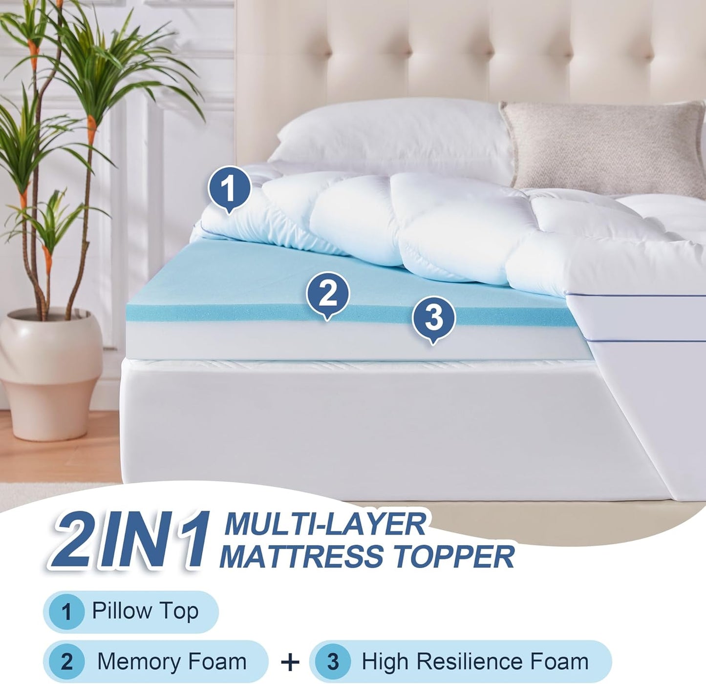 King Memory Foam Mattress Topper, 4 Inch Dual Layer Mattress Pad with Pillow Top Mattress Topper King Size Bed Cover, Support for Back Pain (White)