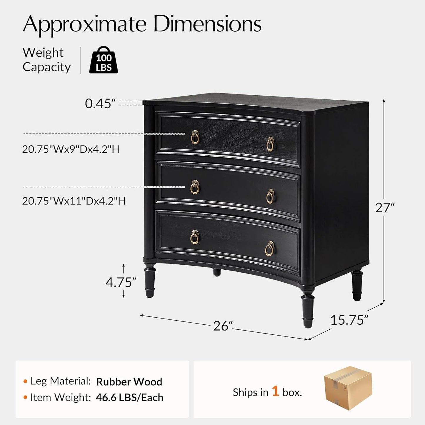 HULALA HOME 3 Drawer Nightstand with Charging Station, 26" Wide Nightstand with Solid Wood Legs and Curved Profile, Classic Bedside Table for Living Room Bedroom, Black