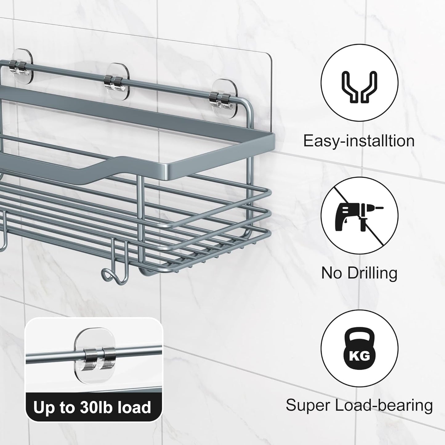 Orimade Shower Caddy Basket Shelf Storage Rack, No Drilling Wall Mounted Adhesive Rust Proof Stainless Steel Shower Organizer with 5 Hooks for Bathroom, Light Blue Grey 2 Pack