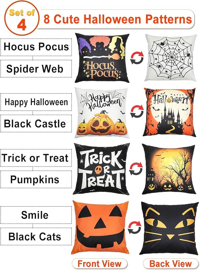 Halloween Decorations Set Of 4 Double-Sided Print Pillow Covers 20" x 20", with 8 Cute Halloween Decor Patterns, Elegant Invisible Zipper, Soft Linen Throw Pillow Covers for Outdoor & Indoor Use
