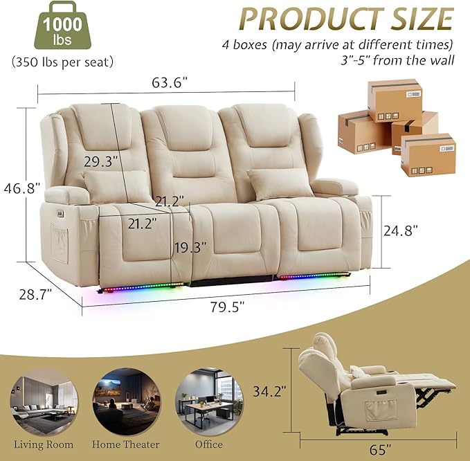 SAMERY Power Loveseat Recliner Sofa with Adjustable Split Back, Multi-Port Charger, Flip-Up Backrest & LED Lighting - Home Theater Seating with Storage, Cup Holders, Beige Fabric Loveseat Recliner