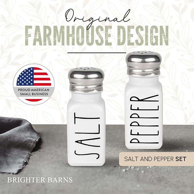 White Salt and Pepper Shakers Set by Brighter Barns - Neutral Minimalist Kitchen Decor - Modern Farmhouse Kitchen Decor - Cute Glass Shakers for Home Restaurants Weddings & Stainless Steel Lid (White)