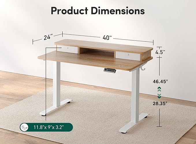 FEZIBO 48 x 24 Inch Height Adjustable Electric Standing Desk with Double Drawer, Computer Desk, Home Office Stand Up Table with 4 Height-Adjustable Feets & 2 Hooks, Maple