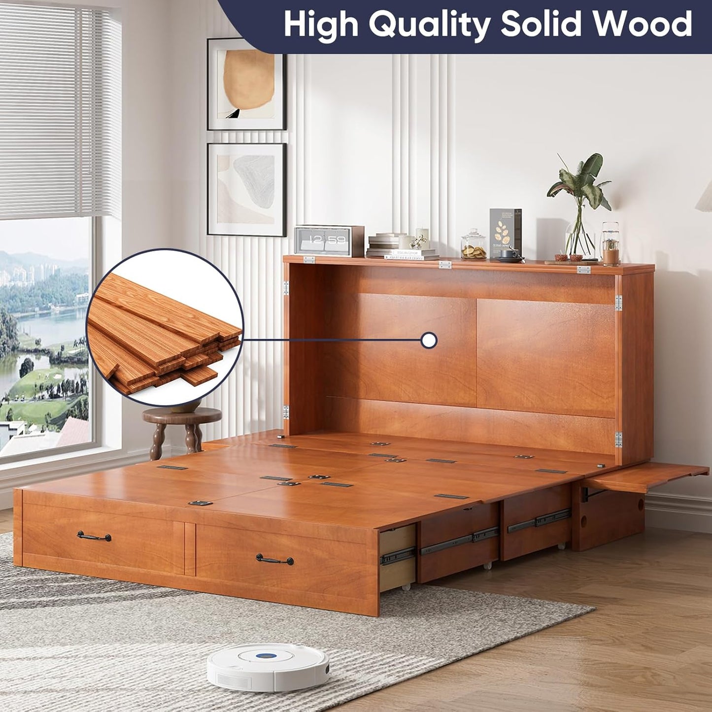 ijuicy Chest Murphy Bed Queen, Murphy Cube Cabinet Bed with 3 Level Foldable Memory Foam Mattress, 2 Large Drawers and Charging Station for Guests Room/Bedroom(Caramel Red)