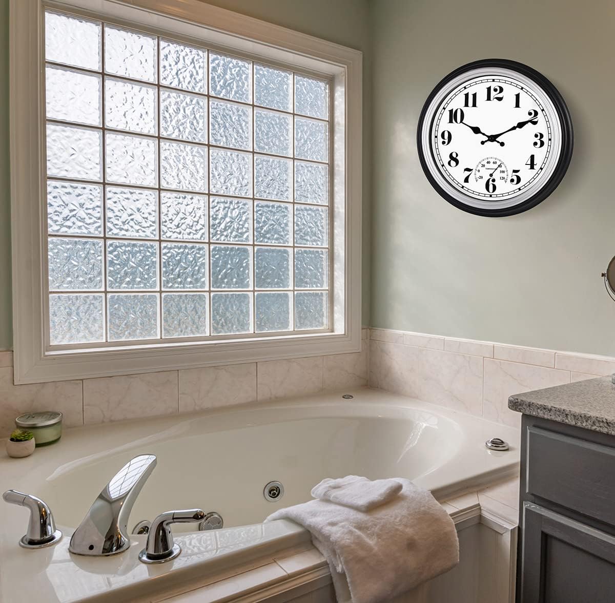 45MinST 12 Inch Indoor/Outdoor Retro Round Waterproof Wall Clock with Thermometer, Silent Non Ticking Battery Operated Quality Quartz Wall Clock Home/Patio Decor(Silver F)