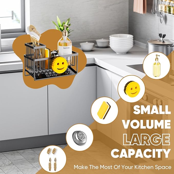 Sponge Holder for Kitchen Sink,Smiley Face Sink Caddy with Removable Brush Holder,Self-Draining Sponge Caddy for Soap,Dish Brush,Scrubber,Kitchen Essentials and Gadgets