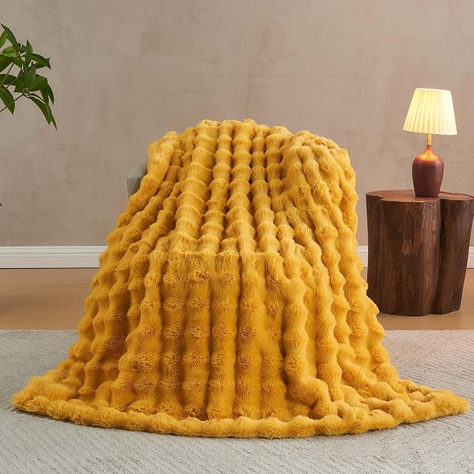 Lotus Karen Faux Fur Throw Blanket Ginger Yellow - Big Bubble Rabbit Fluff Blanket for Couch Bed Sofa,Softest Fluffy Fuzzy Cozy Blanket,Thick Furry Plush Shaggy Warm Blankets for Women,108x90 Inches
