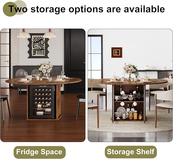 IBF Round Dining Table with Fridge Space, Wood Kitchen Table with Storage Shelf, Rustic Circle Dining Room Tables for 4, Farmhouse Circular Dinner Tables for Home, Rustic Brown, 47 Inch, Only Table