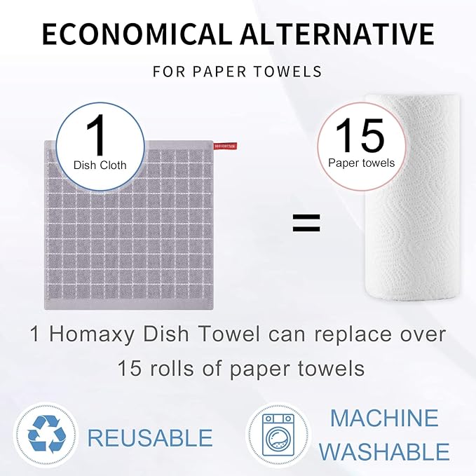 Homaxy 100% Cotton Terry Kitchen Dish Cloths, Ultra Soft and Absorbent Dish Towels for Kitchen, Suitable for Drying and Washing Dishes, 12 Pack, 12 x 12 Inches, Light Grey