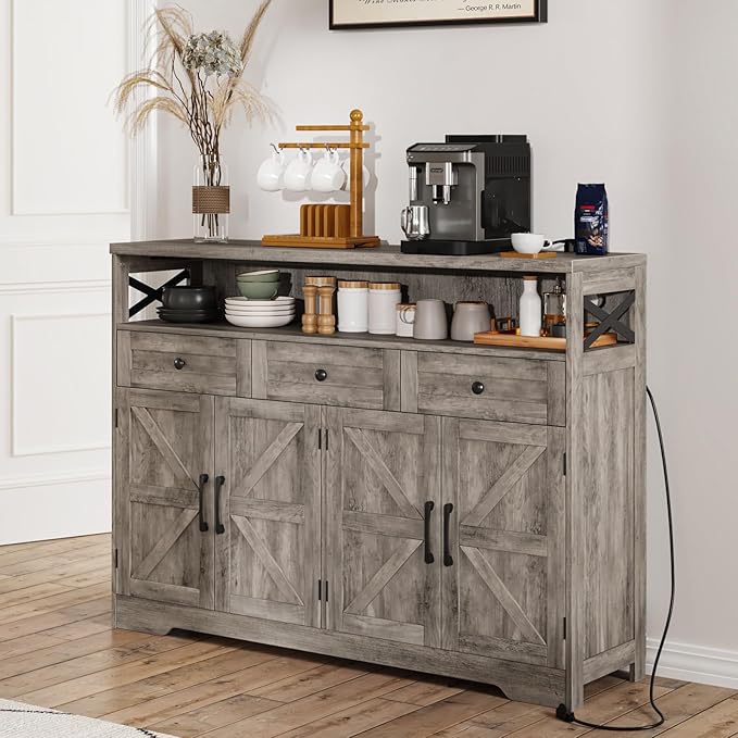 51" Farmhouse Buffet Sideboard with Storage, Kitchen Pantry Cabinet with Storage Drawers, Wood Cupboard Hutch, Coffee Bar Station Table for Kitchen, Living Room, Dining Room, Grey