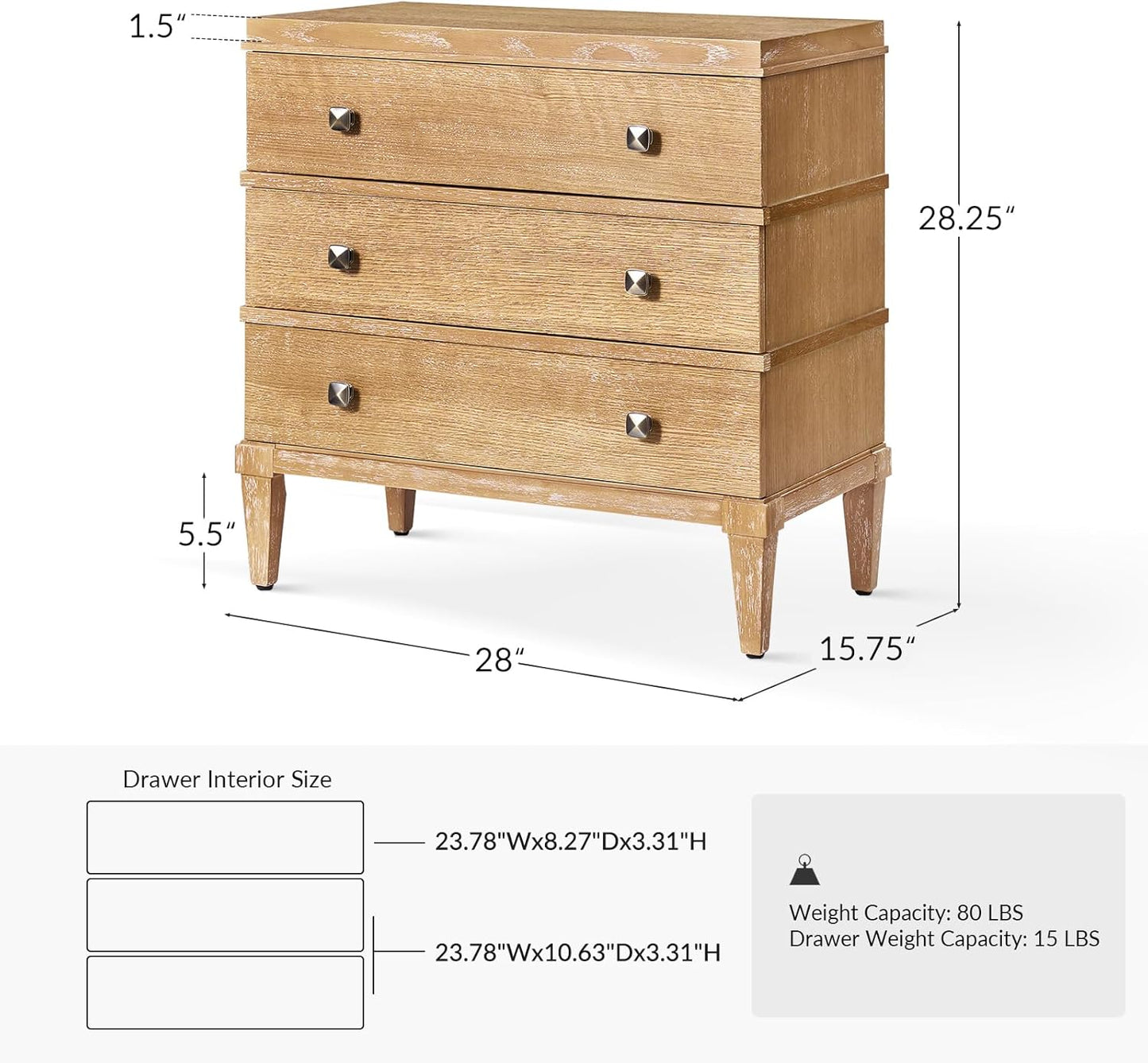 HULALA HOME 3-Drawer Nightstand with Charge Station, Farmhouse Nightstand with Solid Wood Legs(Acorn)