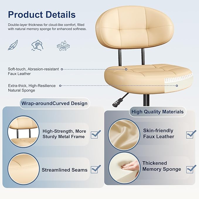 Misolant Vanity Chair with Back, Small Armless Cute Office Chair with Wheels and Lumbar Support, Comfy PU Leather Desk Computer Chairs with Adjustable Height, 360° Swivel for Home Bedroom, Khaki