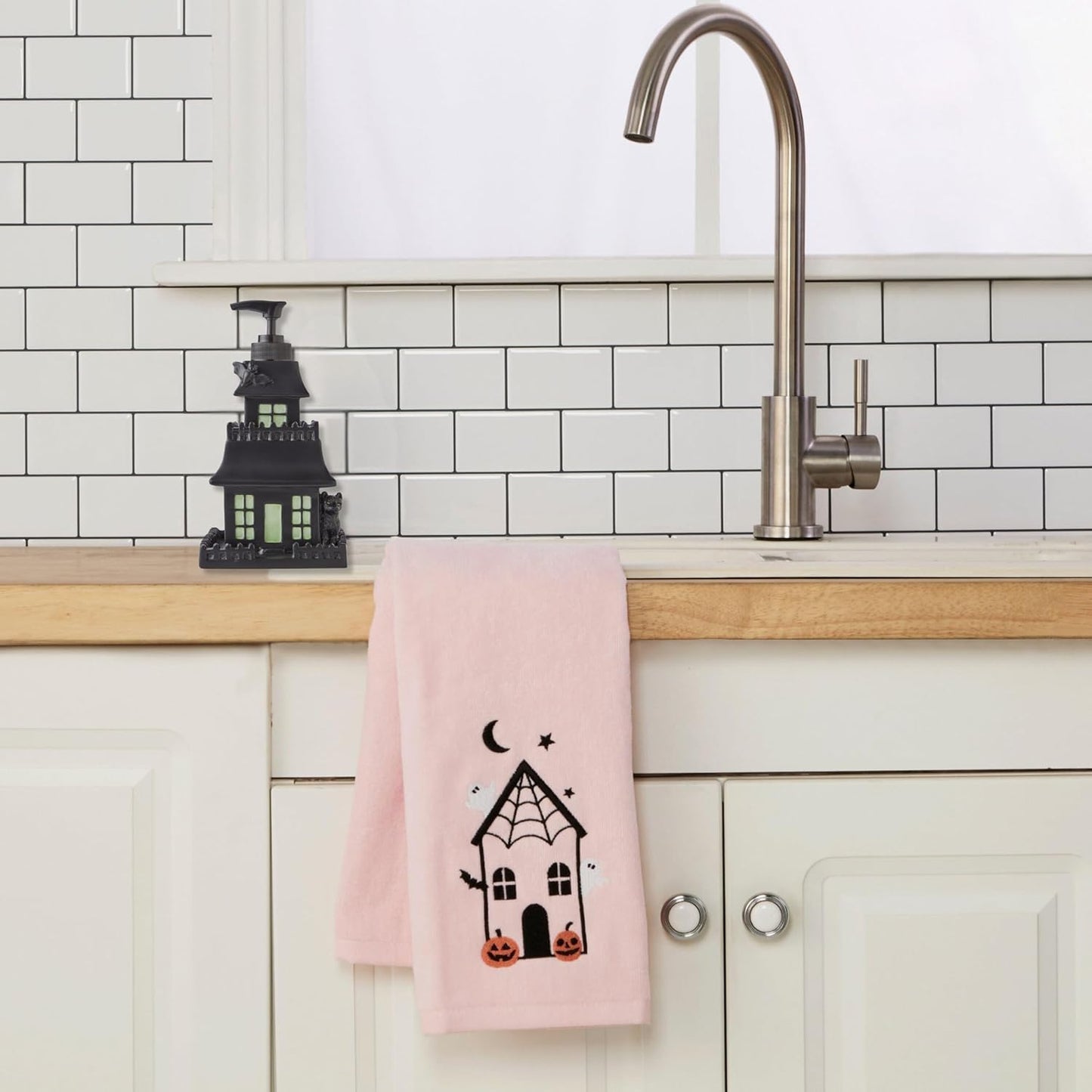 SKL Home Halloween Haunted House 100% Cotton Embroidered 2pc Hand Towel Set, Decorative for Bath/Kitchen/Bar & Gift, Pink