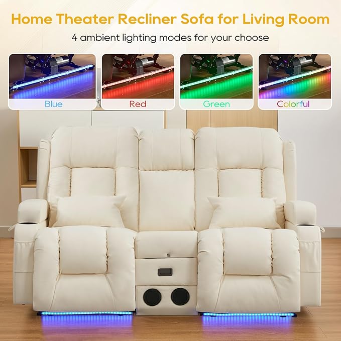 IPKIG 67" Power Reclining Loveseat Sofa, Electric Home Theater Seating with Console/4 Colors Ambient Lighting/Bluetooth Speakers/USB Ports/Built-in Outlets (Off-White, Loveseat Recliner)