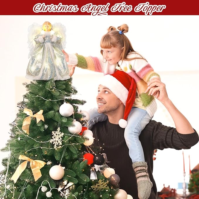 Angel Christmas Tree Topper with Lights, Lighted Tree Toppers Christmas Decorations, Elegant and Durable, Perfect for Holiday Home Decor and Gifts, Silver, WOKEISE