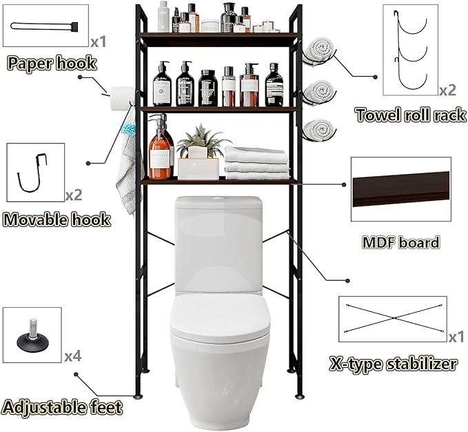 Over The Toilet Storage Rack 3 Tier Bathroom Organizer Shelf Over Toilet Freestanding Space Saver Toilet Stands with 10 Hooks Multifunctional (BlackOak)