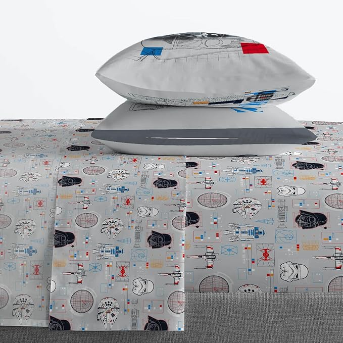 Jay Franco Kids Sheet Set with Fitted, Flat Sheets & Pillow Cover - Ultra-Soft Bedding with Pillowcase for Room Decor, Gray - Star Wars, 4 Piece Full