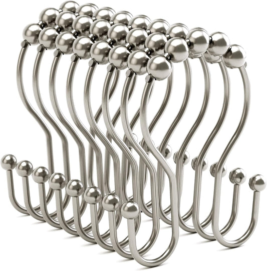 Shower Curtain Hooks Brushed Nickel Shower Curtain Rings Rust Proof, Bathway Balanced Smooth Glide Double Shower Curtain Hooks, Sturdy Shower Hooks for Shower Curtain 12 Pcs Shower Rod Hooks