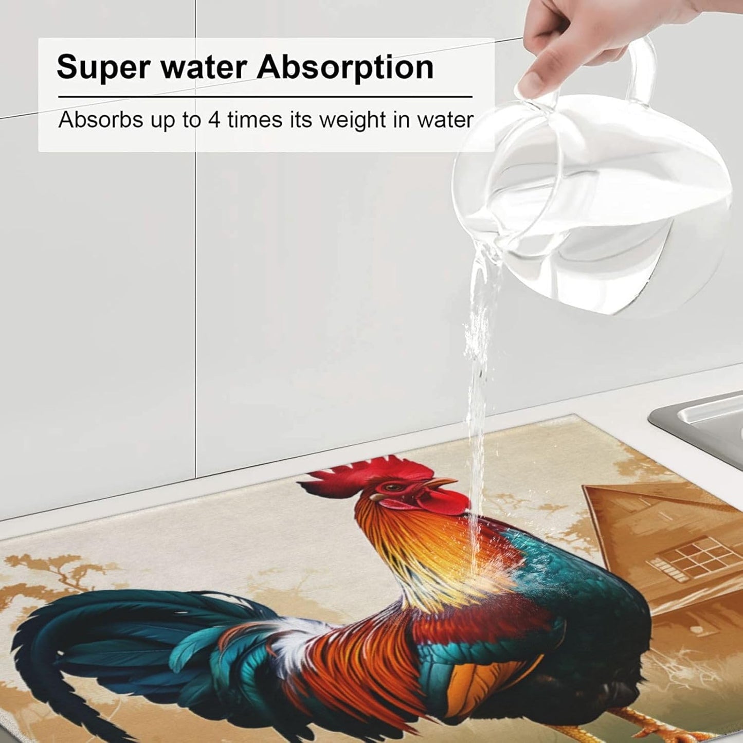 Retro Rooster Dish Drying Mat for Kitchen Counter Absorbent Microfiber Drying Mat Reusable Washable 18x24 Inch Large Dish Mats For Drying Dishes