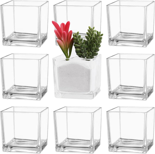 Square Flower Vases Set of 9, 3"x 3"x 3" Glass Vases for Centerpieces, Clear Vase for Flowers, Small Vase for Wedding, Party, Home Office Decoration