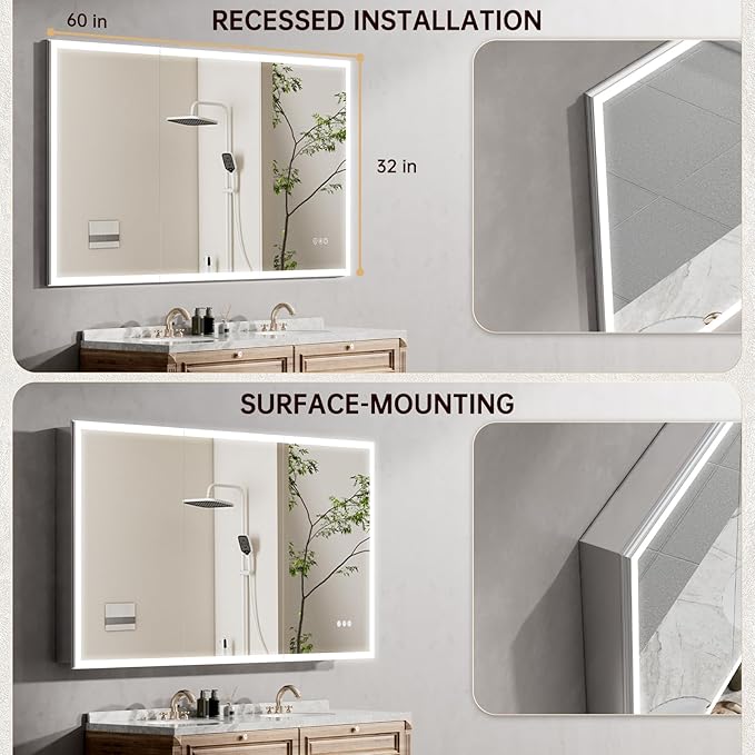 60"x32" Medicine Cabinet Mirror, LED Lighted Medicine Cabinet with Electrical Outlet＆USB, Anti-Fog, 3 Colors Temperature Stepless Dimmable, Aluminum Cabinet for Storage and Mordern Decor