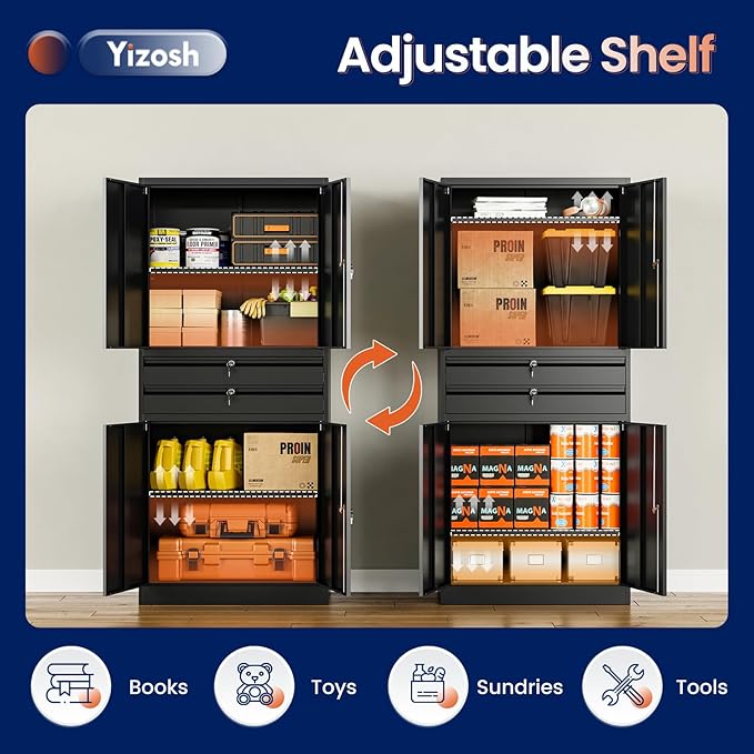 Yizosh Metal Garage Storage Cabinet with Locking Doors and Adjustable Shelves, 71" Tool Storage Cabinet with 2 Drawer for Garage,Warehouse