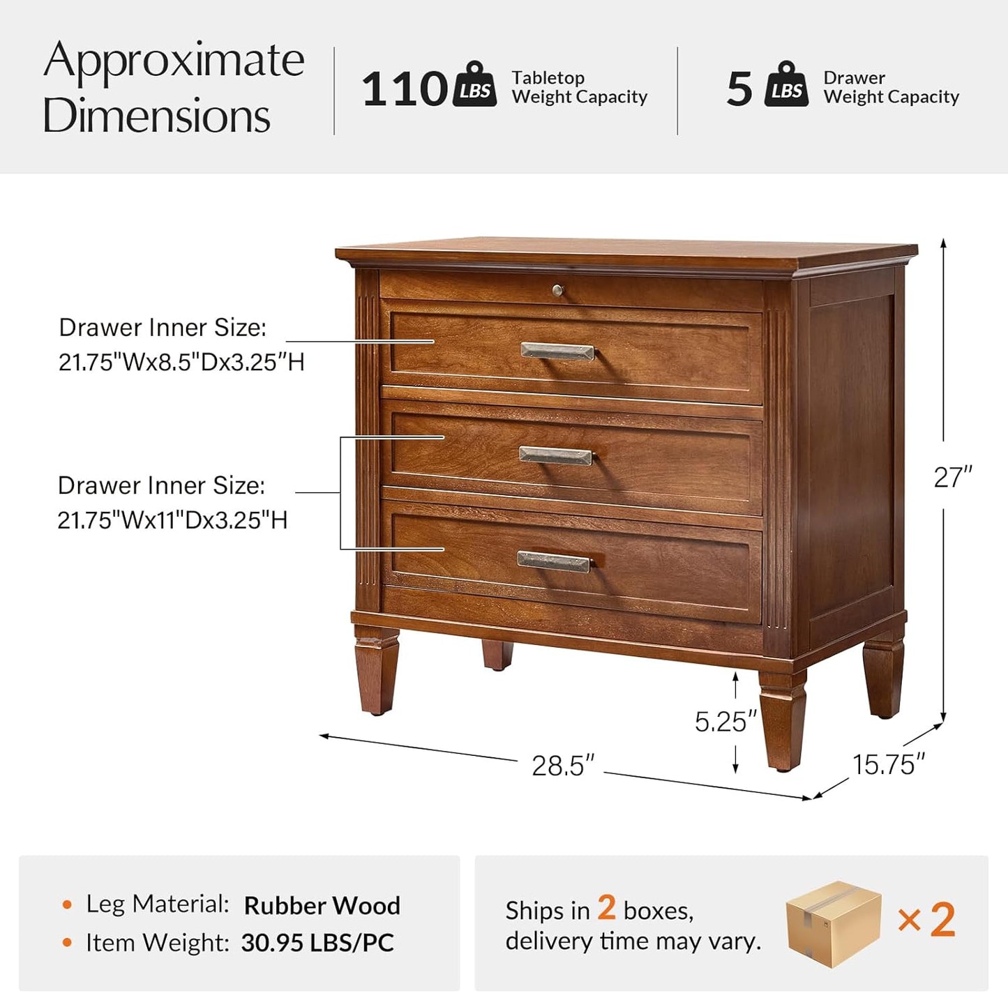 HULALA HOME Farmhouse Nightstand with Charging Station, Pull-Out Tray, 3 Drawers Nightstand with Solid Wood Legs, Wood Veneer Bedside Table with Open Shelf Set of 2, Walnut